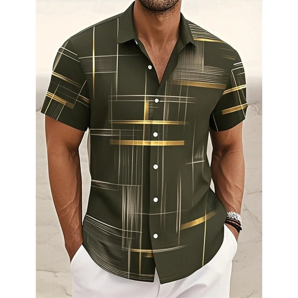 Men's Geometric Plaid Button Shirt Casual Fashion Outdoor Vacation Street Trend Turndown Shirt 3D Printed Short Sleeve Shirts